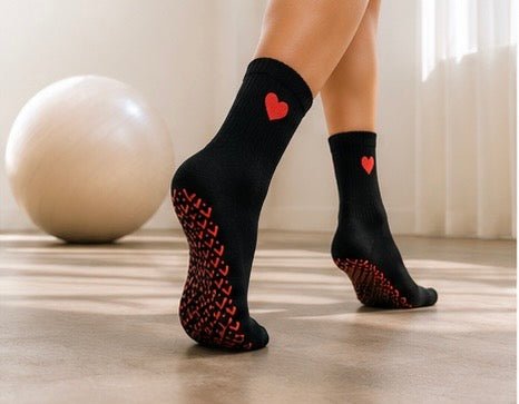 Non-Slip Black Heart-core Pilates Grip Socks – Crew Length Yoga Socks - Purestep
