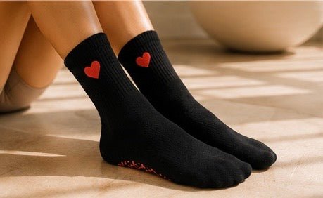 Non-Slip Black Heart-core Pilates Grip Socks – Crew Length Yoga Socks - Purestep