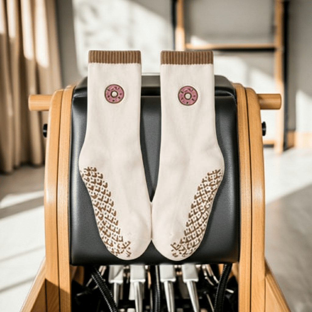 Non-Slip Cream Brown Donut Pilates Grip Socks – Crew Length Yoga Socks - Purestep
