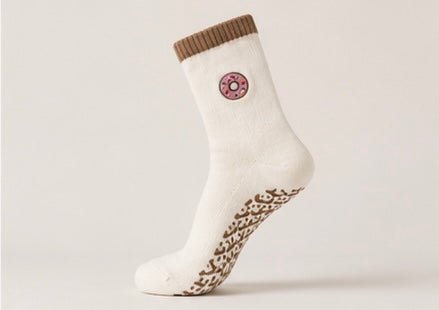 Non-Slip Cream Brown Donut Pilates Grip Socks – Crew Length Yoga Socks - Purestep