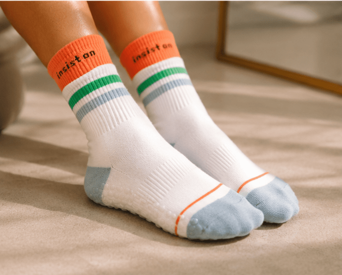 Non-Slip White Orange Double Cuff Pilates Grip Socks – Crew Length Yoga Socks - Purestep