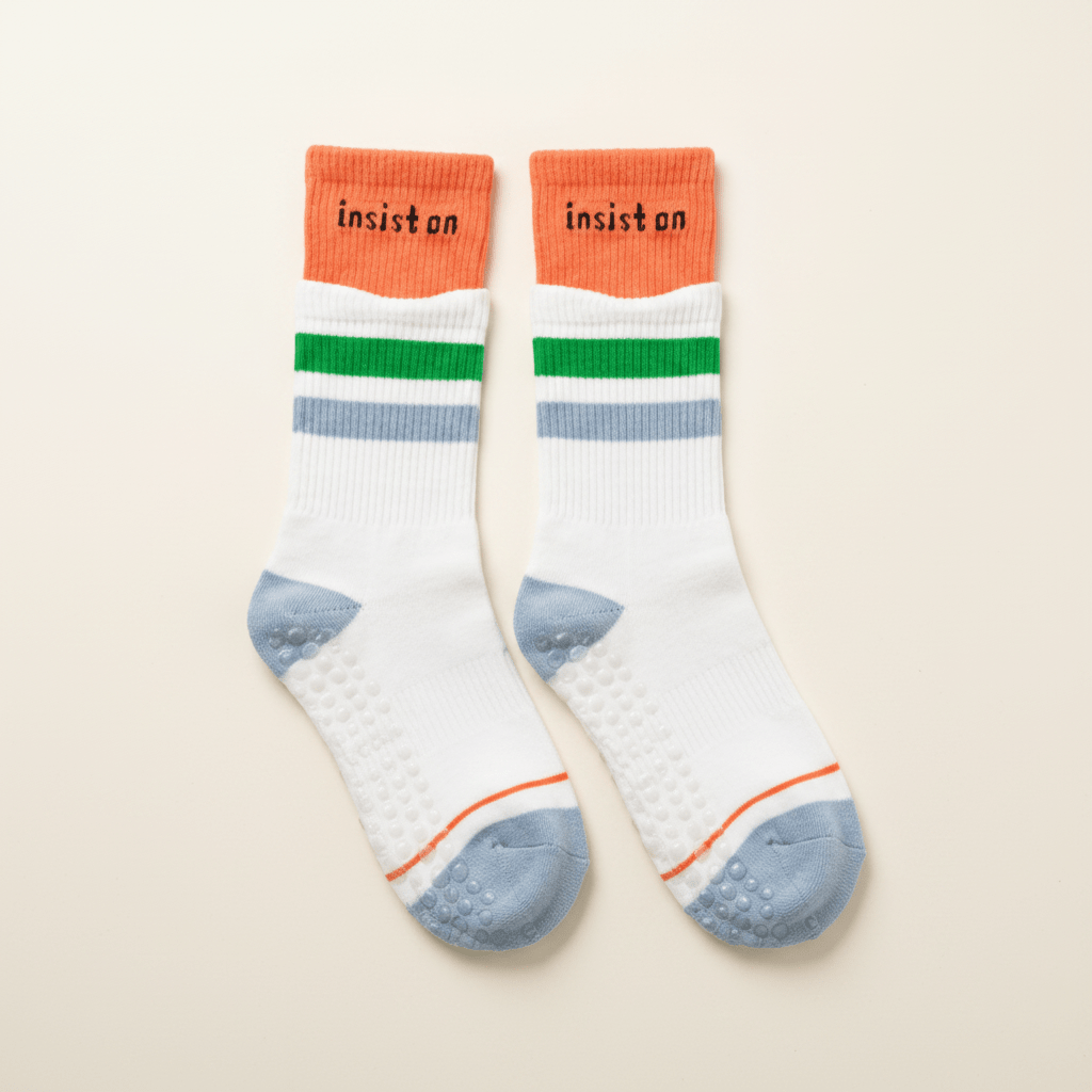 Non-Slip White Orange Double Cuff Pilates Grip Socks – Crew Length Yoga Socks - Purestep