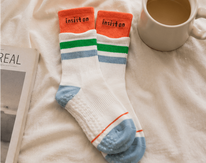 Non-Slip White Orange Double Cuff Pilates Grip Socks – Crew Length Yoga Socks - Purestep