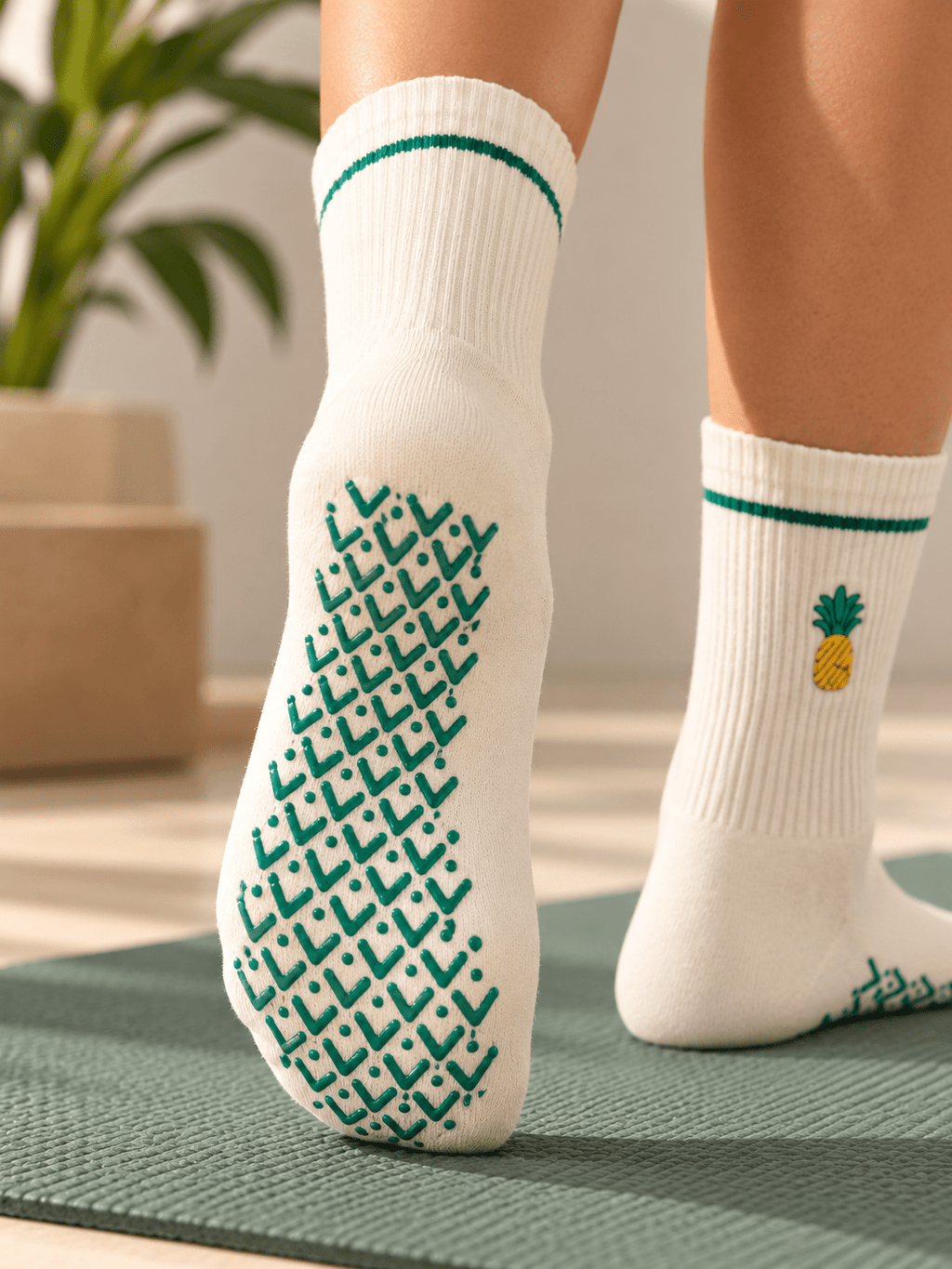 REIN Pineapple Studio Grip Socks | Non-Slip Pilates & Yoga Crew Socks - ReinStep