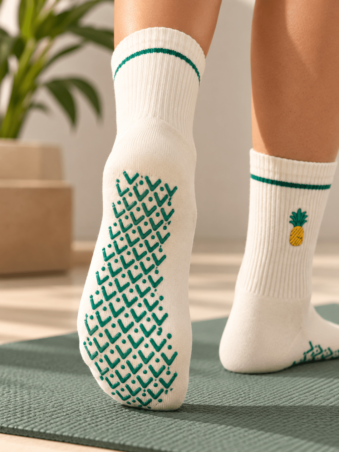 REIN Pineapple Studio Grip Socks | Non-Slip Pilates & Yoga Crew Socks - ReinStep